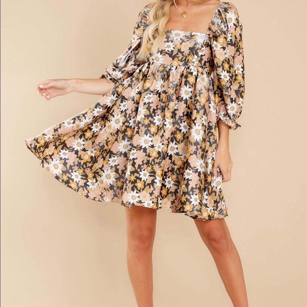 Black Floral Puff Sleeve Print Dress